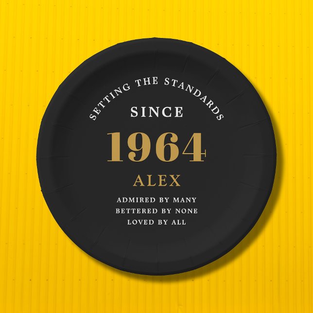 60th Birthday Name 1964 Black Gold Elegant Chic Paper Plate (Sophisticated 60th Birthday Unique Black & Gold Party Paper Plates.)