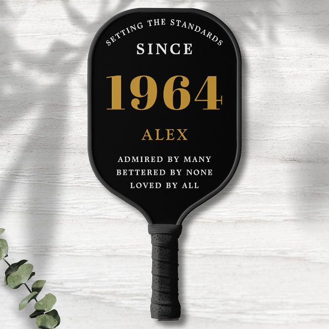 60th Birthday Name 1964 Black Gold Elegant Chic Pickleball Paddle (Chic '1964' 60th Birthday Black and Gold Personalized Pickleball Paddle.)