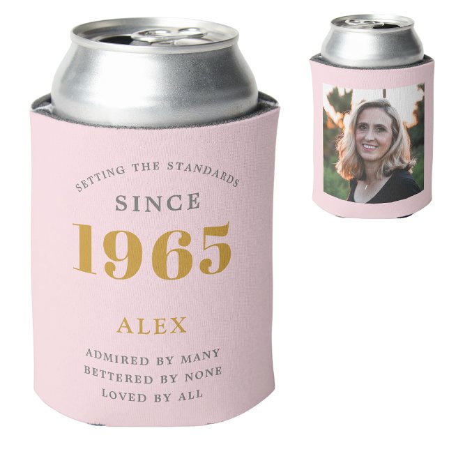 60th Birthday Name 1965 Chic Pink Grey Photo Can Cooler (Personalized pink 60th birthday can cooler with custom photograph and name.)