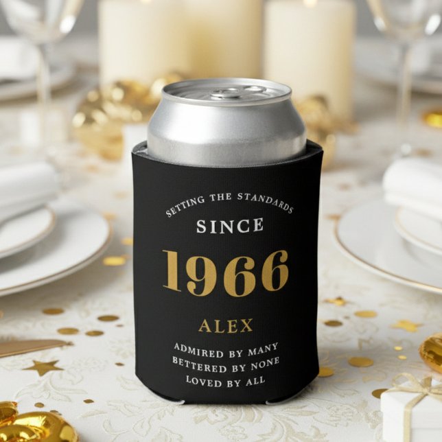 60th Birthday Name 1966 Black Gold Elegant Chic Can Cooler (1966 can cooler on a white background.)