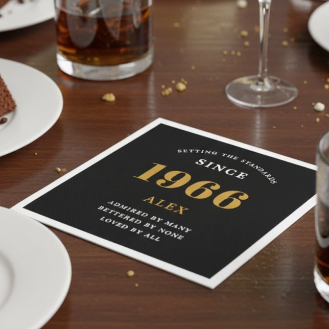 60th Birthday Name 1966 Black Gold Elegant Chic Napkin (1966 personalized paper napkin on a table)