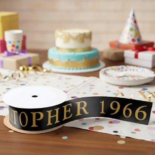 60th Birthday Name 1966 Black Gold Elegant Chic Satin Ribbon