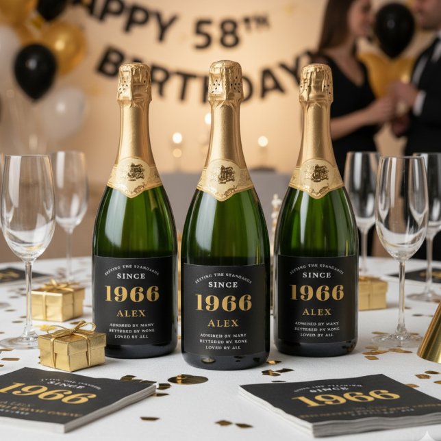 60th Birthday Name 1966 Black Gold Elegant Chic Sparkling Wine Label (Custom 1966 wine bottle labels on bottles.)
