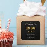60th Birthday Name 1966 Black Gold Elegant Chic Square Sticker<br><div class="desc">60th Birthday born 1966. Exceptionally Chic Black and Gold Square Sticker. Celebrate your milestone in style with our Elegant Chic Square Sticker, spotlighting a classy black and gold color scheme. Crafted meticulously in honor of those born in this year, this sticker adds a sophisticated touch to any birthday celebration! Each...</div>