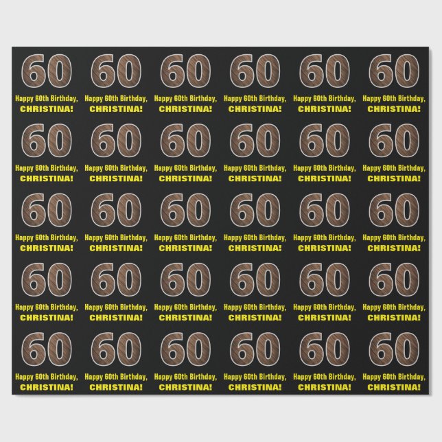 60th Birthday: Name & Faux Wood Grain Pattern "60" Wrapping Paper (Flat)
