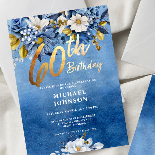 60th Birthday Navy Blue and Gold Floral Invitation