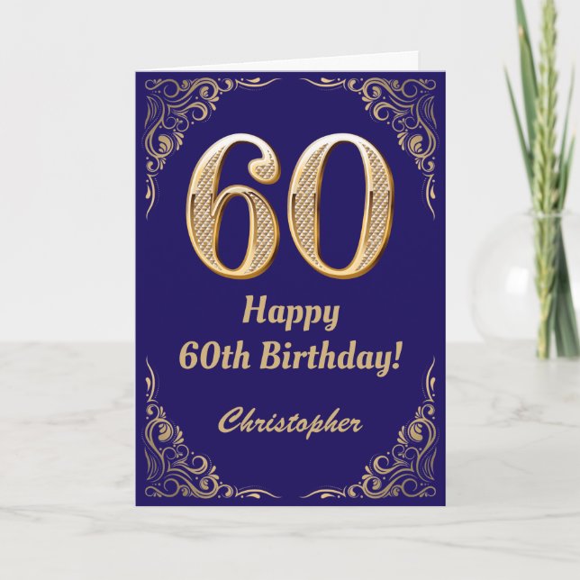 60th Birthday Navy Blue and Gold Glitter Frame Card (Front)