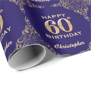 60th Birthday Navy Blue and Gold Glitter Frame Wrapping Paper