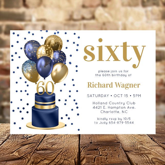 60th Birthday Navy Blue Balloon Cake Invitation (Creator Uploaded)