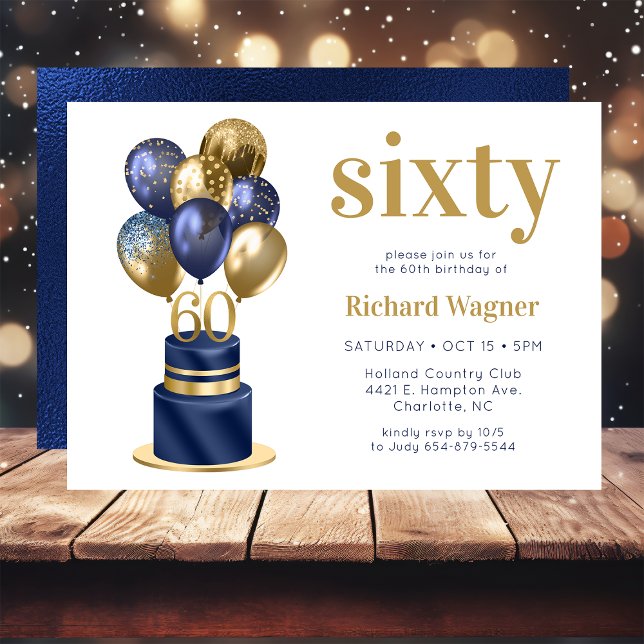 60th Birthday Navy Blue Balloon Cake Invitation (Creator Uploaded)