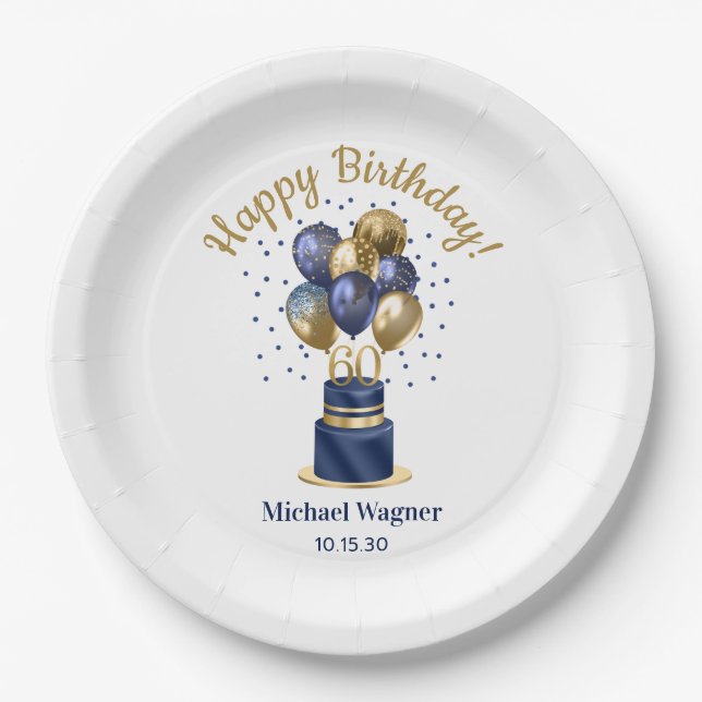 60th Birthday Navy Blue Balloon Cake Paper Plate (Front)