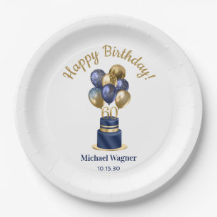 60th Birthday Navy Blue Balloon Cake Paper Plate