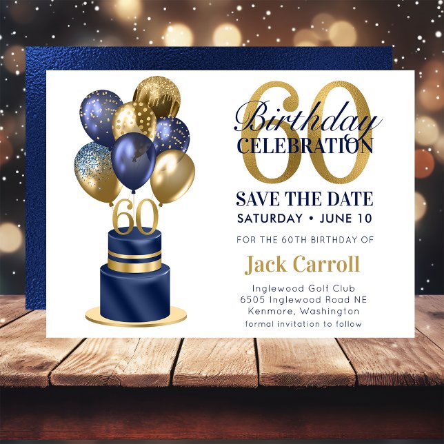 60th Birthday Navy Blue Balloon Cake Save The Date (Creator Uploaded)
