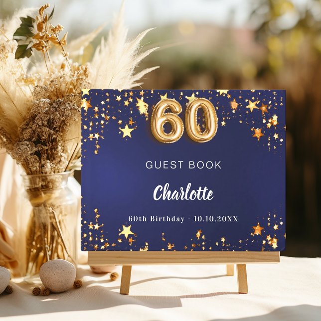 60th Birthday navy blue gold stars Guest Book (Creator Uploaded)