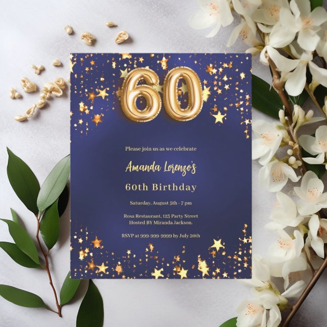 60th birthday navy blue gold stars invitation (Creator Uploaded)
