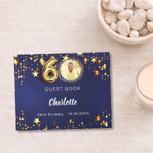60th Birthday navy blue gold stars photo Guest Book