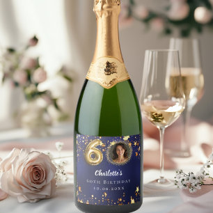 60th birthday navy blue gold stars photo sparkling wine label
