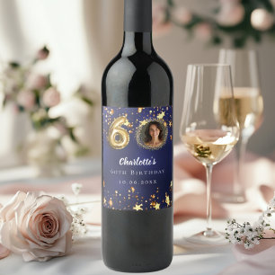 60th birthday navy blue gold stars photo wine label