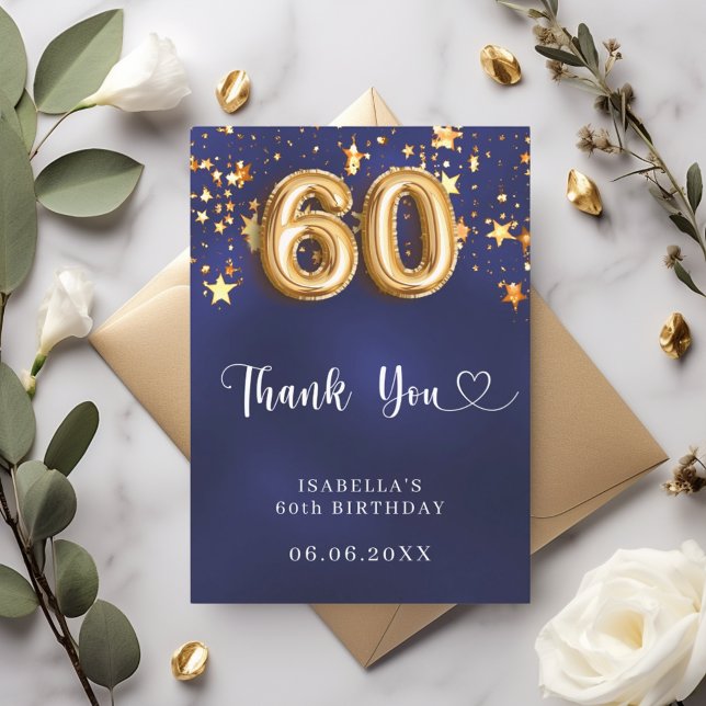 60th birthday navy blue gold stars thank you card (Creator Uploaded)