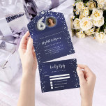 60th Birthday navy blue photo silver stars rsvp All In One Invitation<br><div class="desc">A navy blue background,  decorated with stars. The blue colour is uneven.  Personalise and add a photo,  name,  party details,  RSVP date,  return address and name.</div>