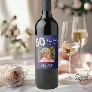 60th Birthday navy blue photo Wine Label