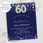 60th birthday navy blue silver budget invitation flyer<br><div class="desc">Please note that this invitation is on flyer paper and very thin. Envelopes are not included. For thicker invitations (same design) please visit our store. A modern, stylish and glamourous invitation for a 60th birthday party. A navy blue background, decorated with faux silver stars. Personalise and add your name and...</div>