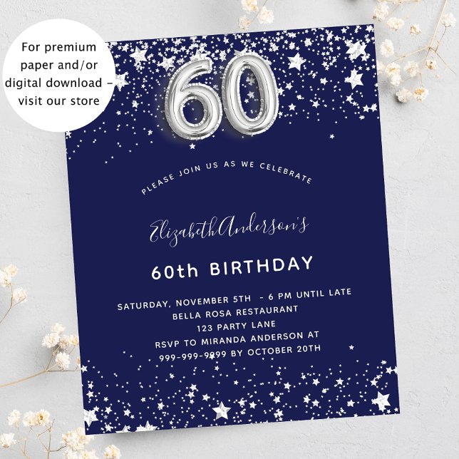 60th birthday navy blue silver budget invitation flyer (Creator Uploaded)