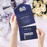 60th Birthday navy blue silver rsvp All In One Invitation<br><div class="desc">A navy blue background. The blue colour is uneven.  Personalise and add name,  party details,  RSVP date,  return address and name.  Number 60 is written with a balloon style font in faux silver.</div>