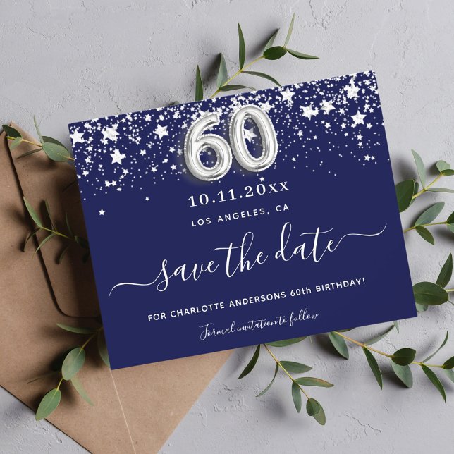 60th birthday navy blue silver save date budget flyer (Creator Uploaded)
