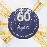 60th birthday navy blue silver stars classic round sticker<br><div class="desc">A sticker for a 60th birthday celebration. A navy blue background colour with faux silver stars. The blue colour is uneven.  Add your name,  text. Text: Thank you for celebrating with me!</div>