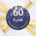 60th birthday navy blue silver stars classic round sticker<br><div class="desc">A sticker for a 60th birthday party. A navy blue background colour with faux silver stars. The blue colour is uneven.  Add your name,  text.</div>