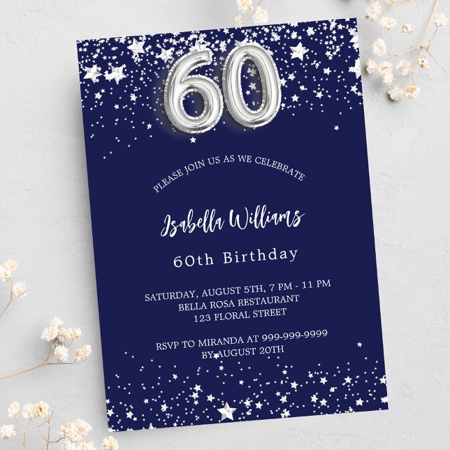 60th birthday navy blue silver stars luxury invitation (Creator Uploaded)