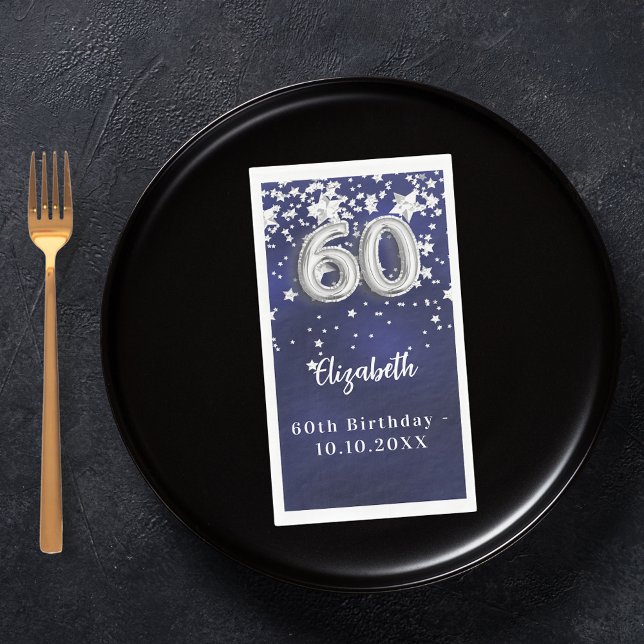60th Birthday navy blue silver stars Napkin (Creator Uploaded)