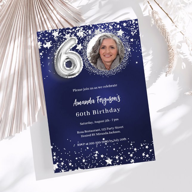 60th birthday navy blue silver stars photo invitation (Creator Uploaded)