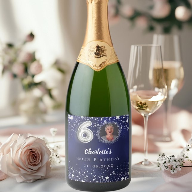 60th birthday navy blue silver stars photo sparkling wine label (Creator Uploaded)