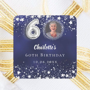 60th birthday navy blue silver stars photo square sticker