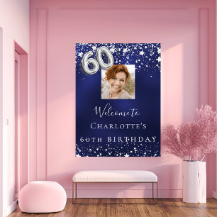 60th birthday navy blue silver stars photo welcome poster