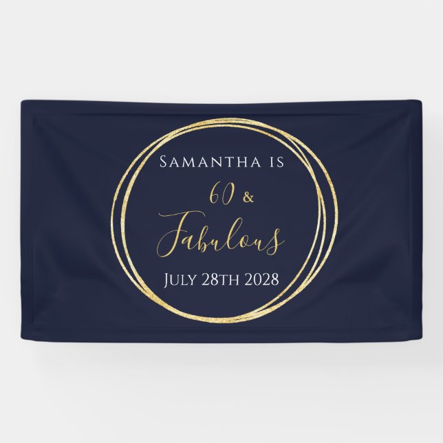 60th Birthday Navy Gold Birthday Party Banner (Horizontal)