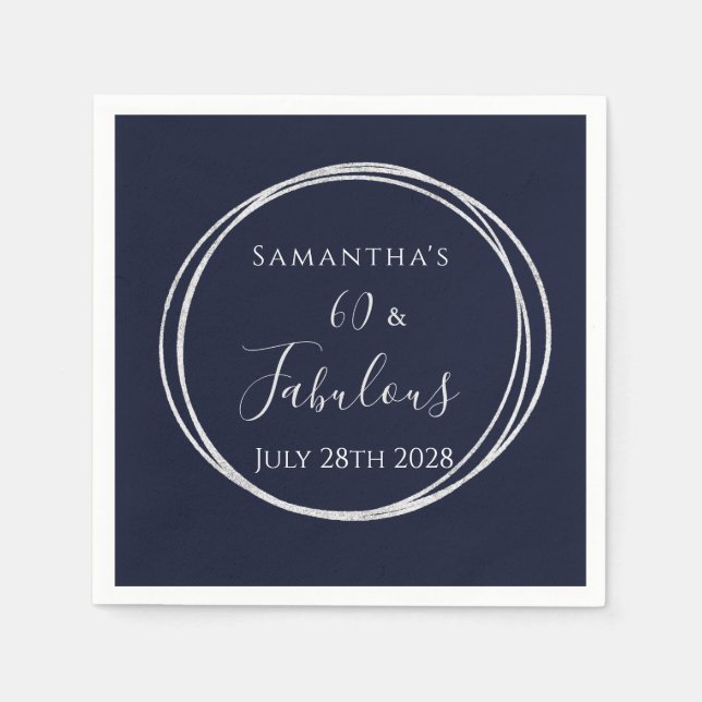 60th Birthday Navy Silver Birthday Party Napkin (Front)