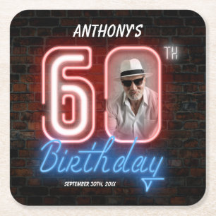 60th Birthday Neon 80s Retro Modern Custom Photo Square Paper Coaster