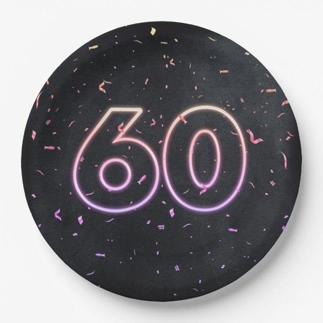 60th Birthday Neon Sign On Black Paper Plate (Front)