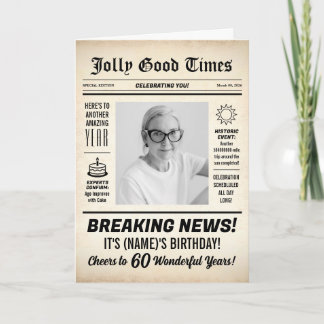 60th Birthday Newspaper, Add Photo, Personalised Card