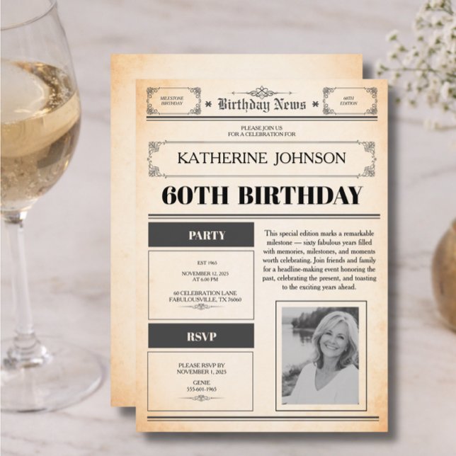 60th Birthday Newspaper Photo Invitation (Creator Uploaded)
