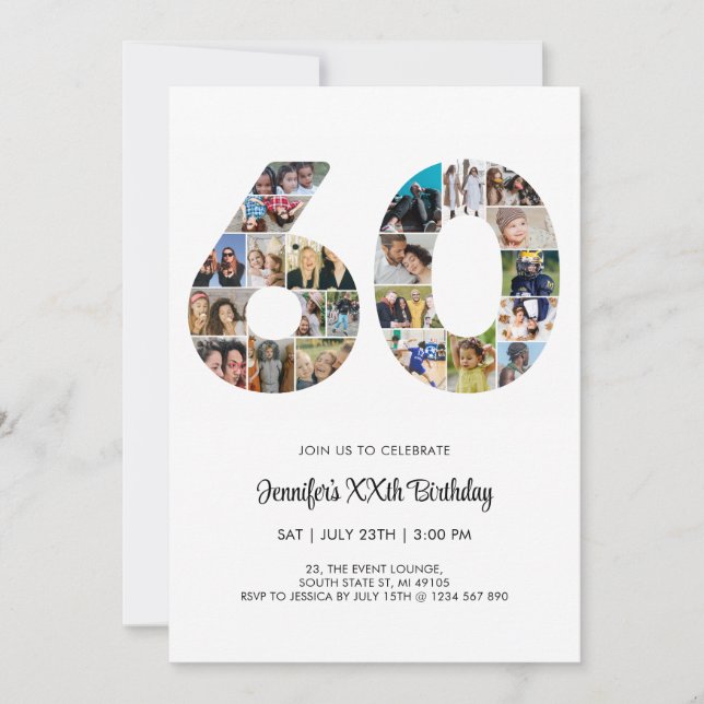 60th Birthday Number 60 Custom Photo Collage Invitation (Front)