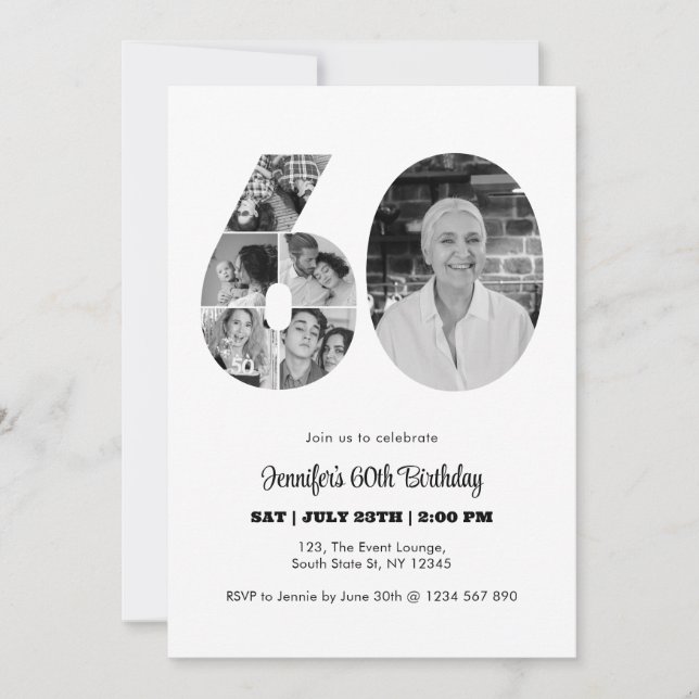 60th Birthday Number 60 Photo Collage Black White Invitation (Front)