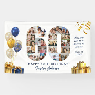 60th Birthday Number 60 Photo Collage White Gold Banner