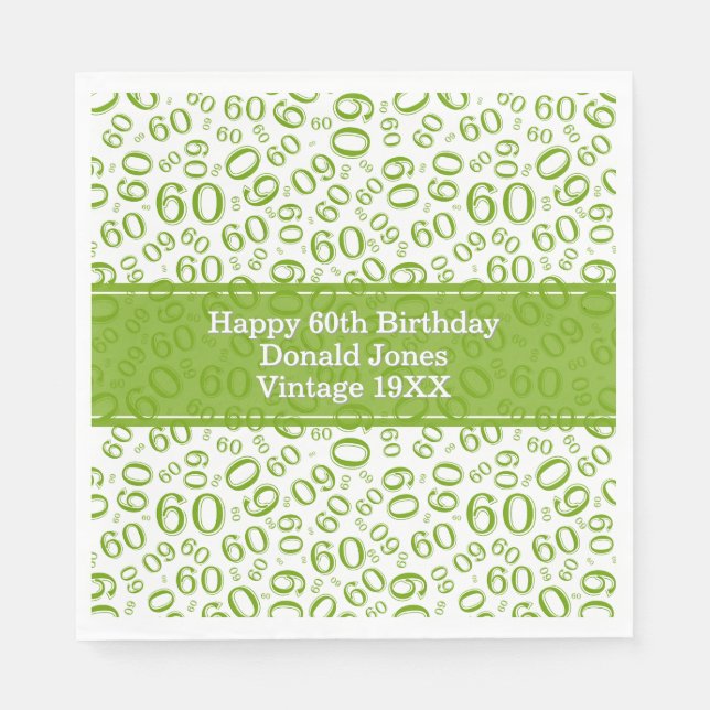 60th Birthday Number Pattern Geen and White Napkin (Front)