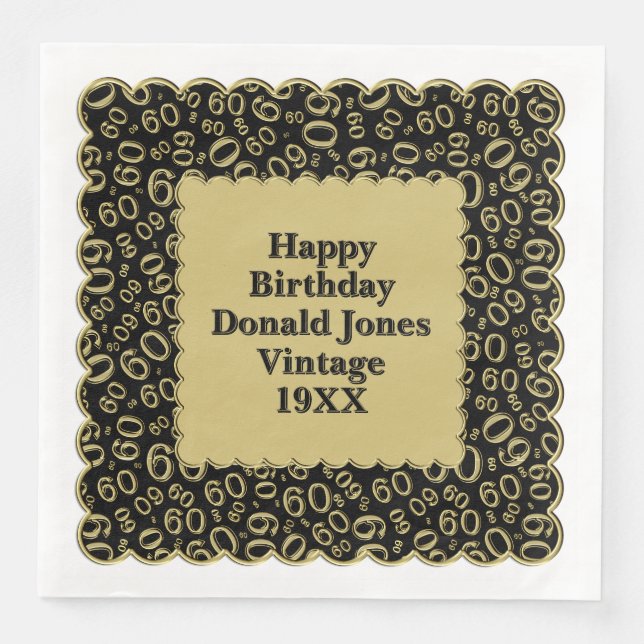 60th Birthday Number Pattern Scallops Black Gold Napkin (Front)
