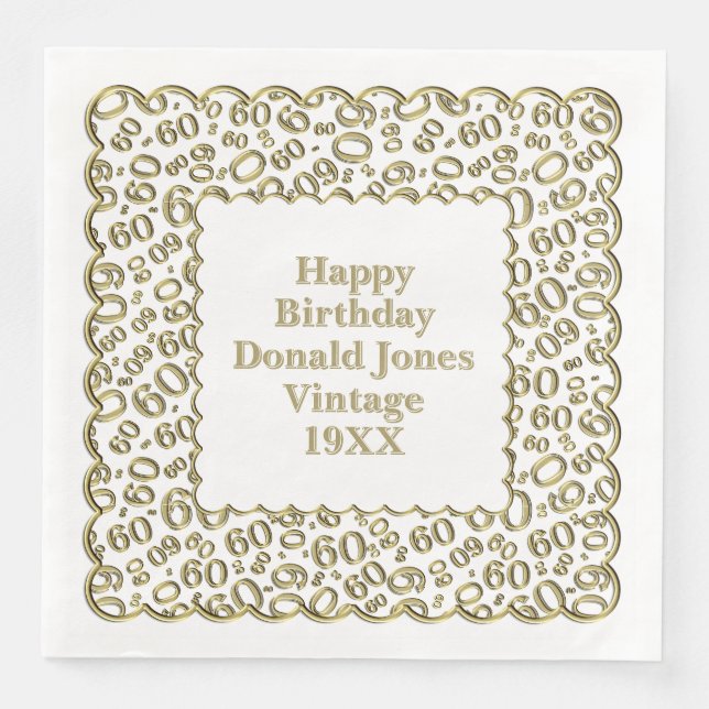 60th Birthday Number Pattern Scallops Gold/White Napkin (Front)