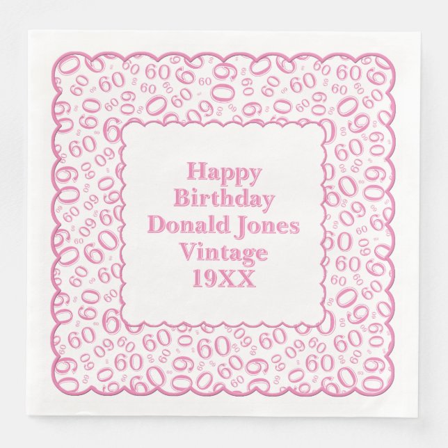 60th Birthday Number Pattern Scallops Pink/White Napkin (Front)